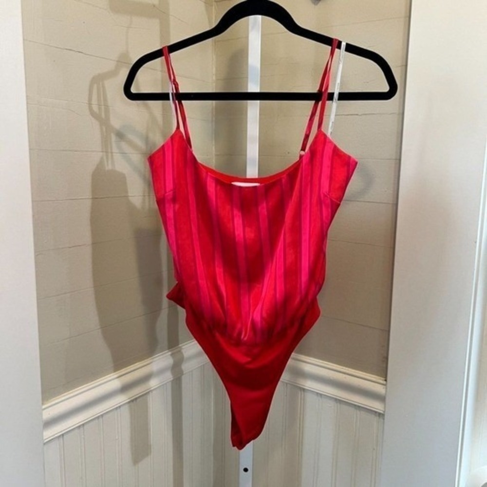 Lovers + Friends Red Striped Silky Bodysuit Small Adjustable Straps - Picture 10 of 13